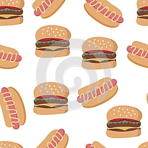 Fast food seamless pattern. Burgers and hot dogs. Tasty food